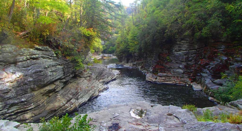 A river flows between rock walls topped with green trees